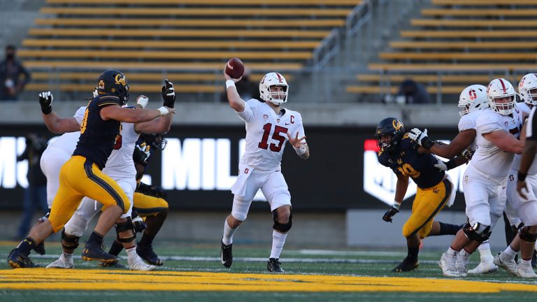 Stanford quarterback Davis Mills (15) throws a pass against California during the second half of an NCAA college football game Friday, Nov. 27, 2020, in Berkeley, Calif. (Jed Jacobsohn/AP)