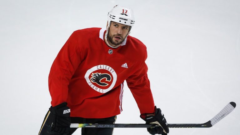 Calgary Flames' Milan Lucic skates during practice in Calgary, Monday, July 13, 2020. (Jeff McIntosh/CP)