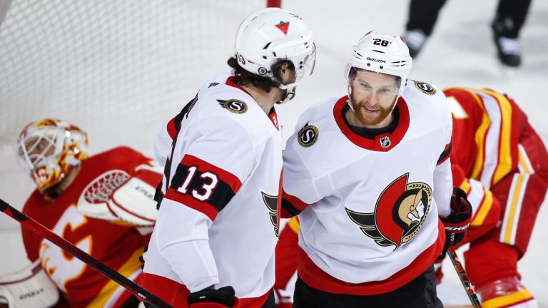 Ottawa Senators' Connor Brown, right, celebrates his goal with teammate Nick Paul. (Jeff McIntosh/CP)