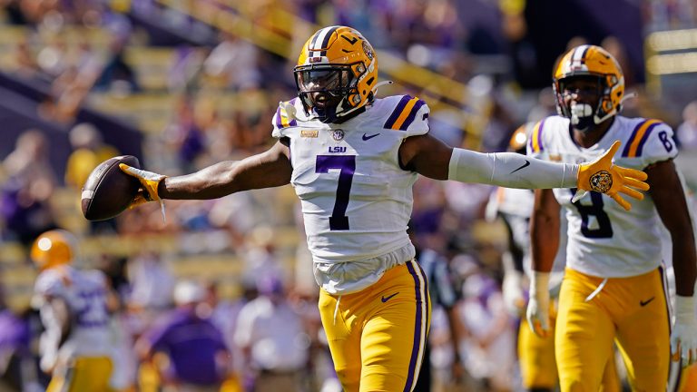 LSU wide receiver Ja'Marr Chase (7) celebrates a fumble recovery in the first half against Mississippi State in Baton Rouge, La., Saturday, Sept. 26, 2020. (Gerald Herbert/AP)