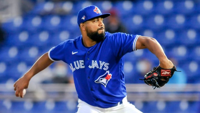 Toronto Blue Jays reliever Joel Payamps pitches during the fourth inning of a spring training baseball game against the Detroit Tigers, in Dunedin, Fla., Monday, March 22, 2021. (Steve Nesius/CP)