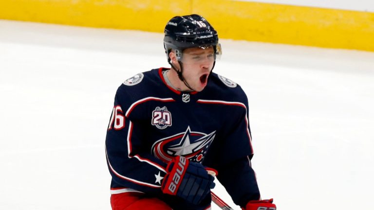 Columbus Blue Jackets forward Max Domi celebrates his goal against the Florida Panthers during the third period of an NHL hockey game in Columbus, Ohio, Thursday, Jan. 28, 2021. The Blue Jackets won 3-2 in a shootout. (Paul Vernon/AP)