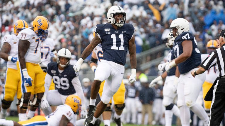 Penn State linebacker Micah Parsons (11) celebrates after stopping Pittsburgh running back A.J. Davis (21) in the second quarter in State College, Pa., on Saturday, Sept. 14, 2019. (Barry Reeger/AP)