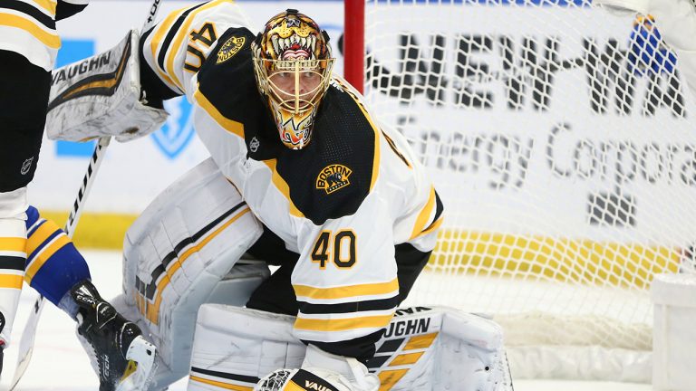 Boston Bruins goalie Tuukka Rask (40) makes a save during the third period of an NHL hockey game against the Buffalo Sabres, Tuesday, April 20, 2021, in Buffalo, N.Y. (Jeffrey T. Barnes/AP)