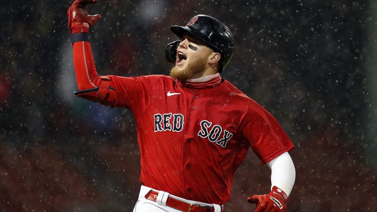 Boston Red Sox's Alex Verdugo celebrates his three-run home run during the fifth inning of a baseball game against the Miami Marlins, Friday, May 28, 2021, in Boston. (Michael Dwyer/AP)