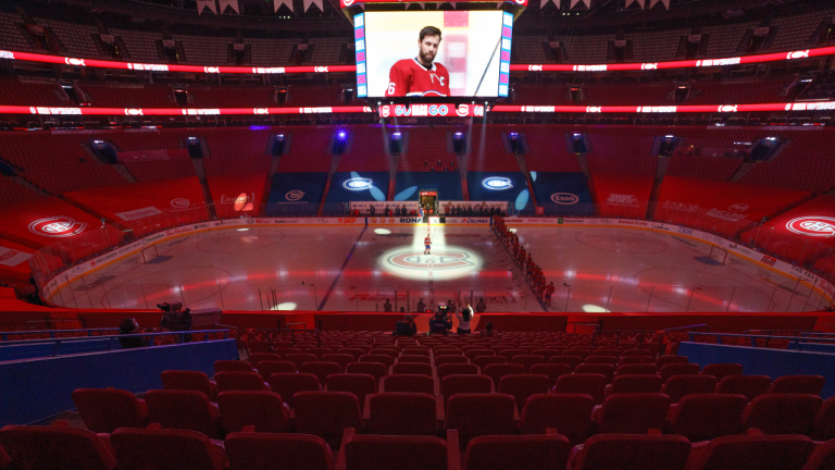 Montreal Canadiens captain Shea Weber is introduced before of an empty Bell Centre for the Canadiens NHL home opener against the Calgary Flames in Montreal on Thursday, January 28, 2021. (Paul Chiasson / CP)