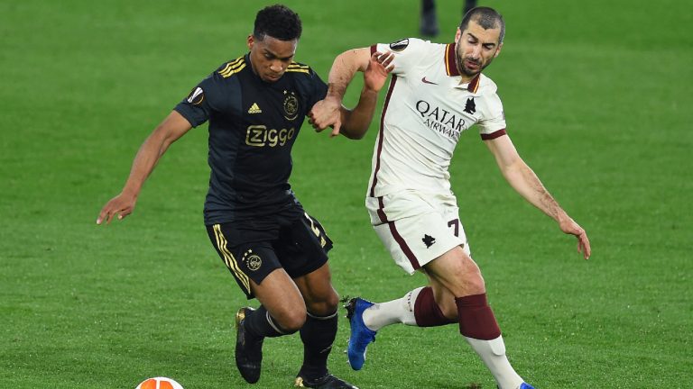 Jurrien Timber of Ajax Henrix Mkhitaryan of Roma during return of the quarter-finals of the Europa League soccer match AS Roma vs Ajax in the Olympic stadium in Rome, Italy, April 15, 2021. (Photo by IPA/ABACAPRESS.COM) 