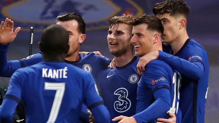 Chelsea's Timo Werner, third from right, celebrates with his teammates after scoring his side's first goal during the Champions League semifinal 2nd leg soccer match between Chelsea and Real Madrid at Stamford Bridge in London, Wednesday, May 5, 2021. (Alastair Grant/AP)