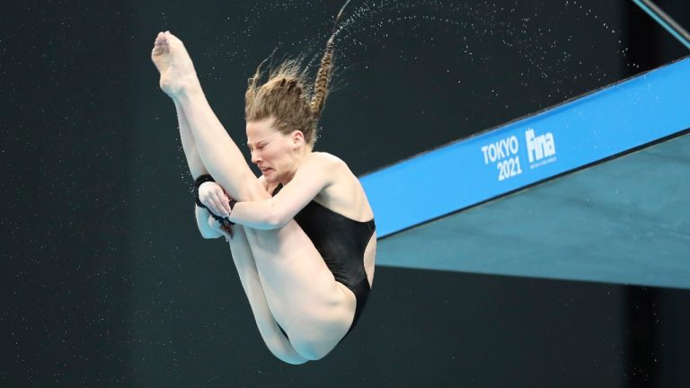 Caeli McKay of Canada performs a dive during the Women's 10m Platform final at the FINA Diving World Cup in Tokyo, Wednesday, May 5, 2021. Caeli won the bronze medal in the event. (Koji Sasahara/AP)