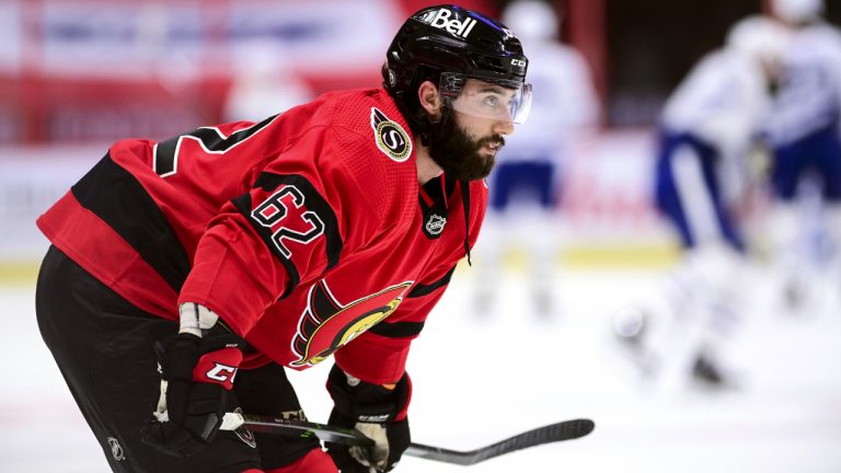 Ottawa Senators' Clark Bishop warms up prior to NHL hockey action against the Toronto Maple Leafs, in Ottawa, Thursday, March 25, 2021. (Sean Kilpatrick/CP)