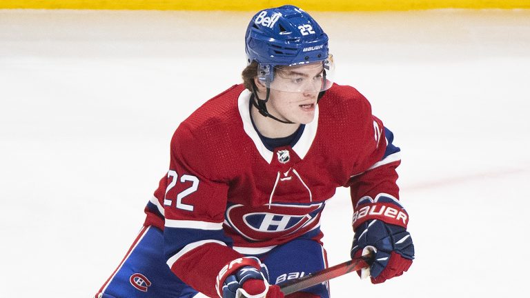 Montreal Canadiens’ Cole Caufield skates during an NHL hockey game. (Graham Hughes/CP)