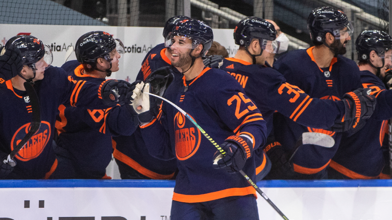 Edmonton Oilers' Darnell Nurse (25) celebrates a goal against the Winnipeg Jets during third period NHL action. (Jason Franson/CP)