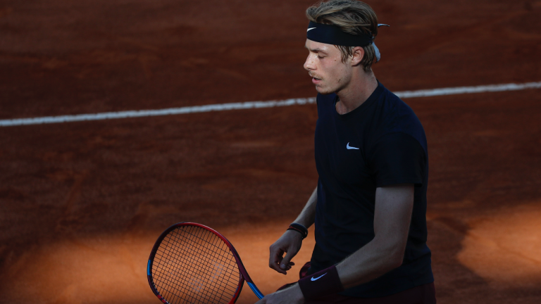 Canada's Denis Shapovalov reacts during his 3rd round match against Spain's Rafael Nadal, at the Italian Open tennis tournament, in Rome, Thursday, May 13, 2021. (Alessandra Tarantino / AP)