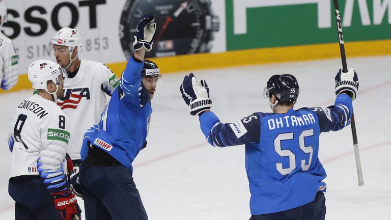 Finland's players celebrate their first goal during the Ice Hockey World Championship group B match between Finland and United States at the Arena in Riga, Latvia, Saturday, May 22, 2021. (Sergei Grits/AP)