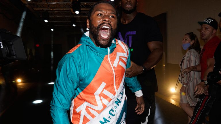 Boxer Floyd Mayweather yells at challenger Logan Paul after a scuffle broke out that involved Paul's brother Jake Paul, during a press conference in Miami Gardens, Fla. Mayweather, a boxing Hall of Famer, is scheduled to face Logan Paul on June 6. (Marta Lavandier/AP)