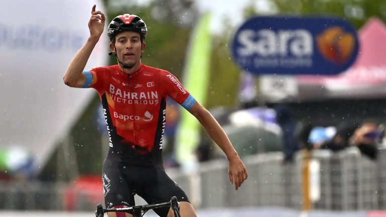 Switzerland's Gino Mader celebrates after winning the sixth stage of the Giro d'Italia cycling race, from Grotte di Frasassi to Ascoli Piceno Thursday, May 13, 2021.  (Massimo Paolone/LaPresse via AP)