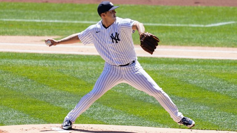 New York Yankees starting pitcher Jameson Taillon (50) throws in the first inning of a baseball game against the Detroit Tigers, Saturday, May 1, 2021, in New York. (John Minchillo / AP)