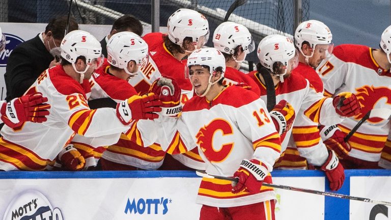 Calgary Flames star Johnny Gaudreau (13) celebrates a goal against the Edmonton Oilers. (Jason Franson/CP)