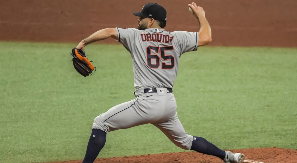 Houston Astros' Jose Urquidy (65) leaves the game during the