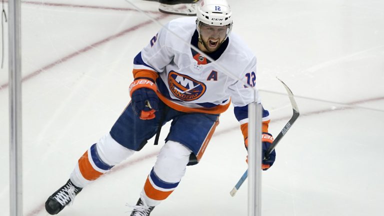 New York Islanders' Josh Bailey celebrates his winning overtime goal in Game 5 of an NHL hockey Stanley Cup first-round playoff series against the Pittsburgh Penguins in Pittsburgh, Monday, May 24, 2021. (Gene J. Puskar/AP)