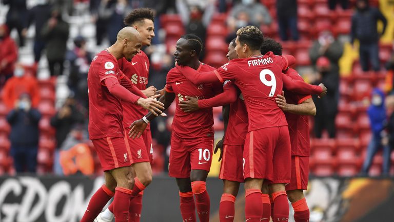 Liverpool's Sadio Mane, third left, celebrates scoring his sides second goal during the English Premier League soccer match between Liverpool and Crystal Palace at Anfield stadium in Liverpool, England, Sunday, May 23, 2021. (Paul Ellis/Pool via AP)