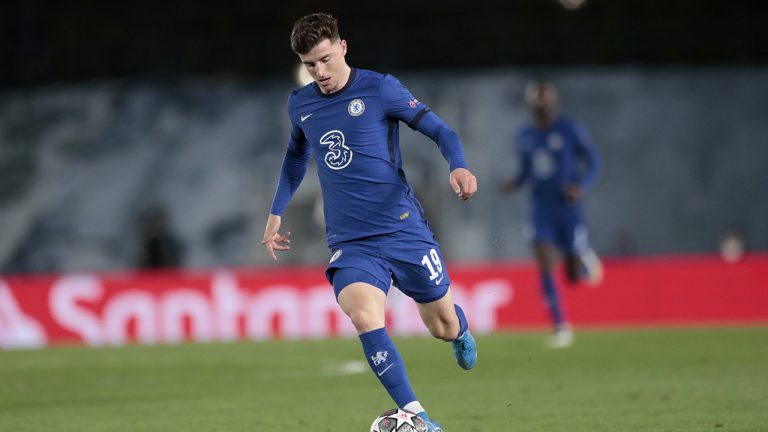 Chelsea's Mason Mount runs with the ball during the Champions League semifinal first leg soccer match between Real Madrid and Chelsea at the Alfredo di Stefano stadium in Madrid, Spain. (AP)