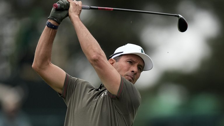 Mike Weir, of Canada, watches his tee shot on the third hole during the second round of the Masters golf tournament on Friday, April 9, 2021, in Augusta, Ga. (David J. Phillip/AP)