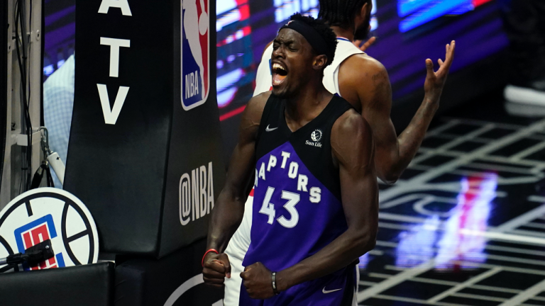 Toronto Raptors forward Pascal Siakam (43) celebrates after scoring during the second half of an NBA basketball game against the Los Angeles Clippers Tuesday, May 4, 2021, in Los Angeles. (Marcio Jose Sanchez / AP)