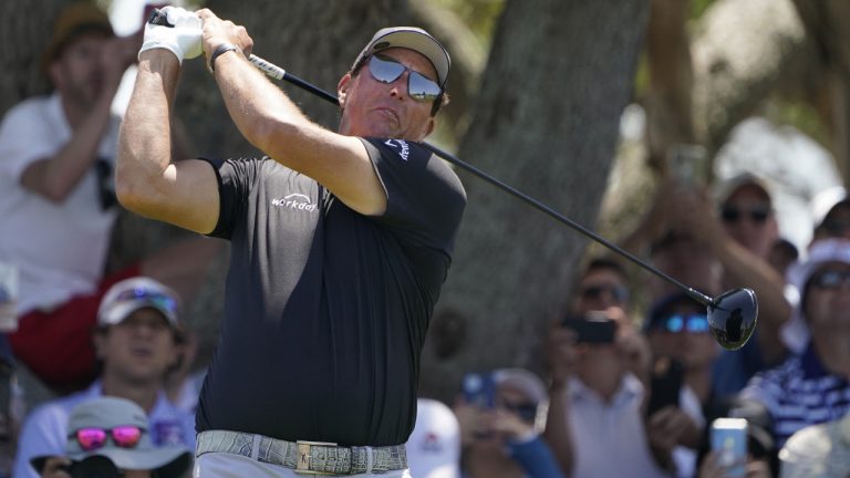 Phil Mickelson watches his tee shot on the seventh hole during the second round of the PGA Championship golf tournament on the Ocean Course Friday, May 21, 2021, in Kiawah Island, S.C. (Chris Carlson/AP)