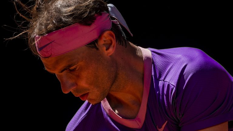 Spain's Rafael Nadal during a tennis match against Germany's Alexander Zverev at the Mutua Madrid Open tennis tournament in Madrid, Spain, Friday, May 7, 2021. (Bernat Armangue/AP)