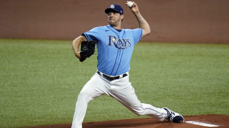 Tampa Bay Rays starting pitcher Rich Hill delivers to the New York Yankees during the first inning on Thursday, May 13, 2021, in St. Petersburg, Fla. (Chris O'Meara/AP)