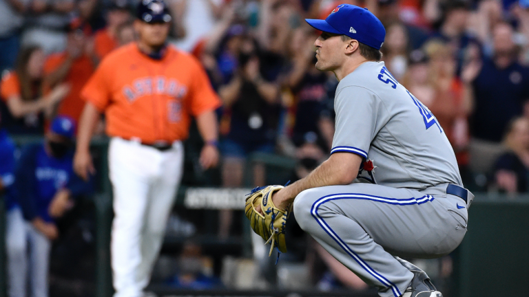 Toronto Blue Jays starting pitcher Ross Stripling reacts after walking Houston Astros' Alex Bregman with the bases loaded during the second inning of baseball game, Friday, May 7, 2021, in Houston. (Eric Christian Smith / AP)