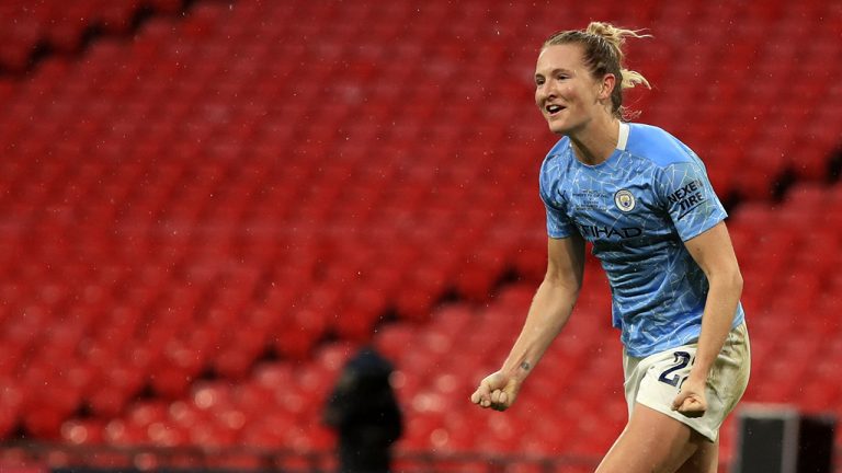 Sam Mewis celebrates after scoring a goal for Manchester City during the Women's FA Cup final soccer match. (Adam Davy/Pool via AP)