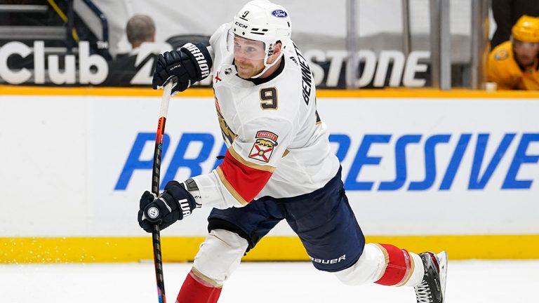 Florida Panthers centre Sam Bennett shoots against the Nashville Predators in the third period of an NHL hockey game Tuesday, April 27, 2021, in Nashville, Tenn. (Mark Humphrey/AP)