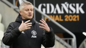 Manchester United's manager Ole Gunnar Solskjaer gestures during a training session in Gdansk, Poland, Tuesday May 25, 2021 ahead of the Europa League final soccer match between Manchester United and Villarreal. (Michael Sohn/AP)