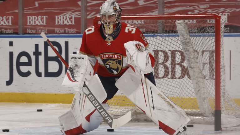 Florida Panthers goaltender Spencer Knight (30) warms up prior to an NHL hockey game against the Dallas Stars, Monday, May 3, 2021, in Sunrise, Fla. (Joel Auerbach/AP)