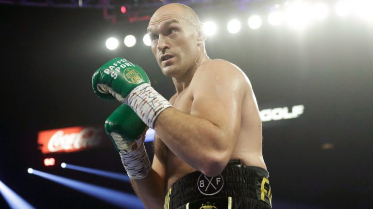 Tyson Fury, of England, fights Deontay Wilder, not pictured, during a WBC heavyweight championship boxing match Saturday, Feb. 22, 2020, in Las Vegas. (Isaac Brekken/AP)