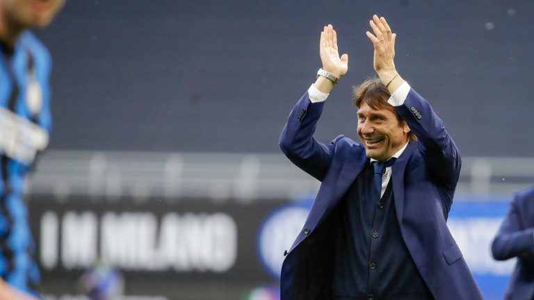 Inter Milan's head coach Antonio Conte celebrates at the end of a Serie A match between Inter Milan and Sampdoria, at Milan's San Siro stadium, Saturday, May 8, 2021. (Luca Bruno/AP) 