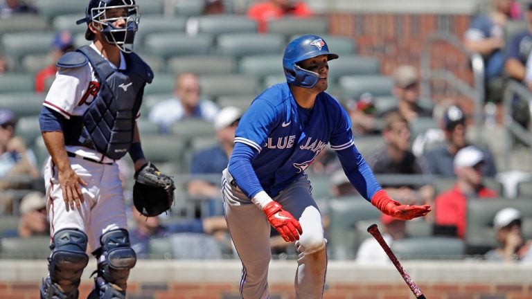 Toronto Blue Jays' Cavan Biggio drops his bat after hitting an RBI double in the ninth inning of a baseball game against the Atlanta Braves Thursday, May 13, 2021, in Atlanta. (Ben Margot/AP)