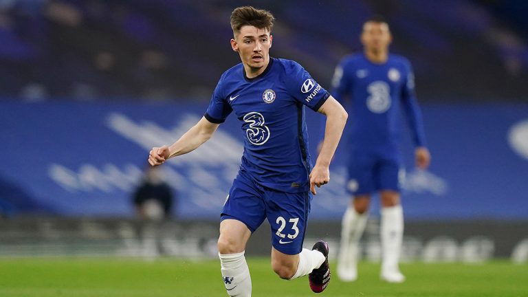 Chelsea's Billy Gilmour controls the ball during the English Premier League soccer match between Chelsea and Arsenal at Stamford Bridge stadium in London, England, Wednesday, May 12, 2021. (Adam Davy, Pool via AP)