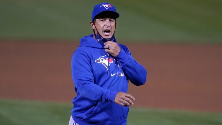 Toronto Blue Jays manager Charlie Montoyo walks toward the dugout after making a pitching change during the seventh inning of his team's baseball game against the Oakland Athletics in Oakland, Calif., Tuesday, May 4, 2021. (Jeff Chiu/AP)
