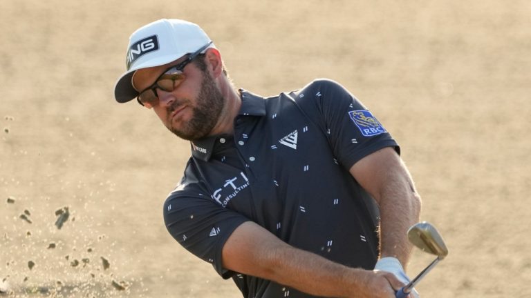 Corey Conners, of Canada, hits out of the bunker on the 10th hole during the second round of the PGA Championship golf tournament on the Ocean Course Friday, May 21, 2021, in Kiawah Island, S.C. (David J. Phillip/AP)