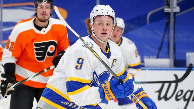 Buffalo Sabres forward Jack Eichel (9) during the second period of an NHL hockey game against the Philadelphia Flyers in Buffalo, N.Y., on Sunday, Feb. 28, 2021. (Jeffrey T. Barnes/AP)