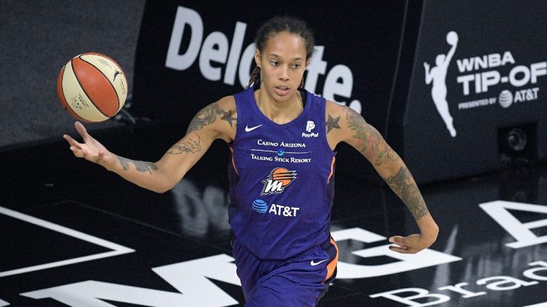 Phoenix Mercury center Brittney Griner grabs a rebound during the second half of a WNBA basketball game against the Los Angeles Sparks in Bradenton, Fla. (Phelan M. Ebenhack/AP)