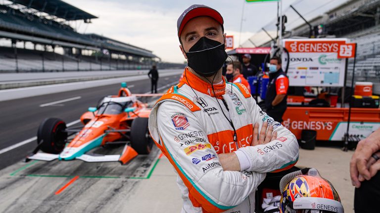 James Hinchcliffe of Canada looks down pit lane during practice for the Indianapolis 500 auto race at Indianapolis Motor Speedway in Indianapolis, Tuesday, May 18, 2021. (Michael Conroy/AP) 