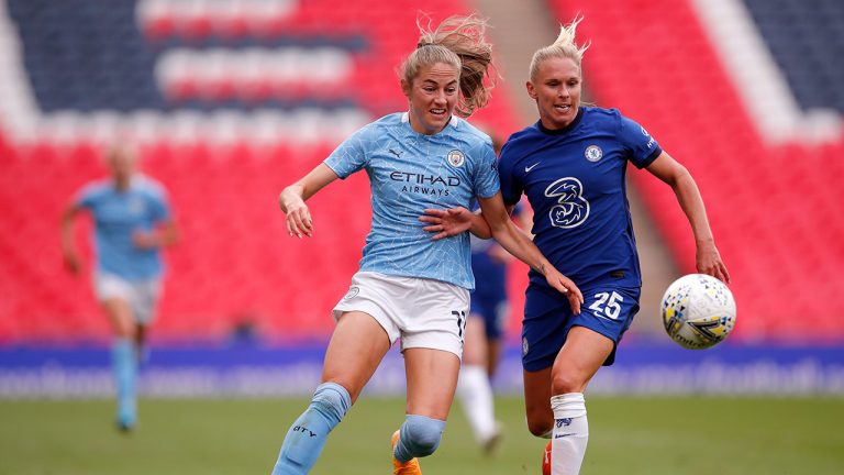 Manchester City's Janine Beckie, left, duels for the ball with Chelsea's Jonna Andersson during the English FA Women's Community Shield. (Andrew Couldridge/Pool via AP) 