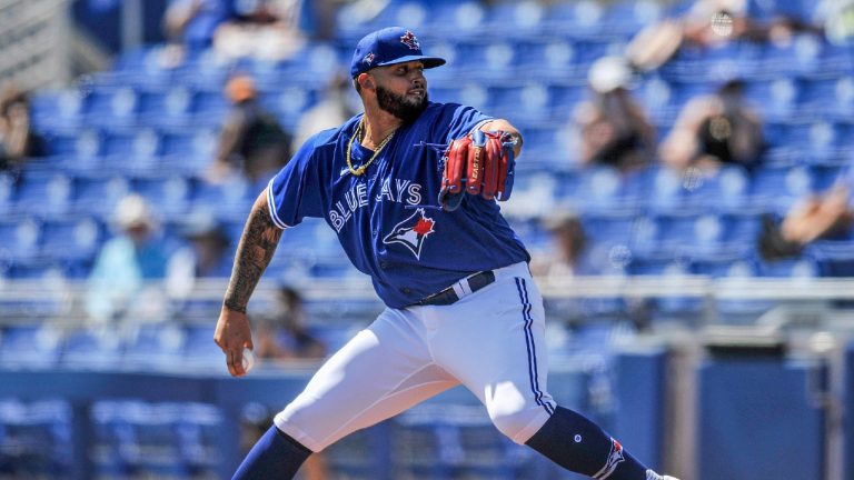 Toronto Blue Jays starter Alek Manoah pitches against the New York Yankees during the third inning of a spring training baseball game Sunday, March 14, 2021, at TD Ballpark in Dunedin, Fla. (Steve Nesius/CP)