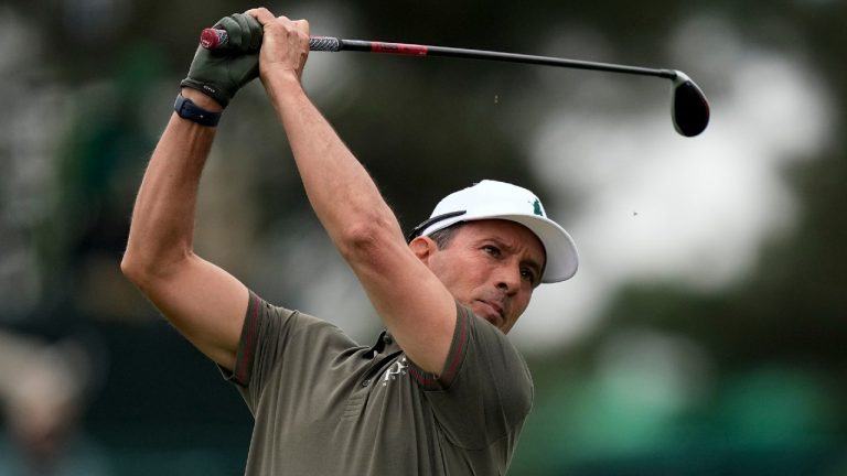 Mike Weir, of Canada, watches his tee shot on the third hole during the second round of the Masters golf tournament on Friday, April 9, 2021, in Augusta, Ga. (David J. Phillip/AP)