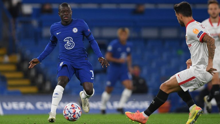 Chelsea's N'Golo Kante controls the ball during the Champions League Group E match between Chelsea and Sevilla at Stamford Bridge, London, England, Tuesday, Oct. 20, 2020. (Mike Hewitt/Getty, Pool via AP) 