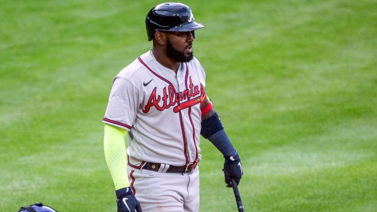 Atlanta Braves' Marcell Ozuna (20) stands with his bat during the seventh inning of a baseball game against the Philadelphia Phillies, Saturday, April 3, 2021, in Philadelphia. (Laurence Kesterson/AP)